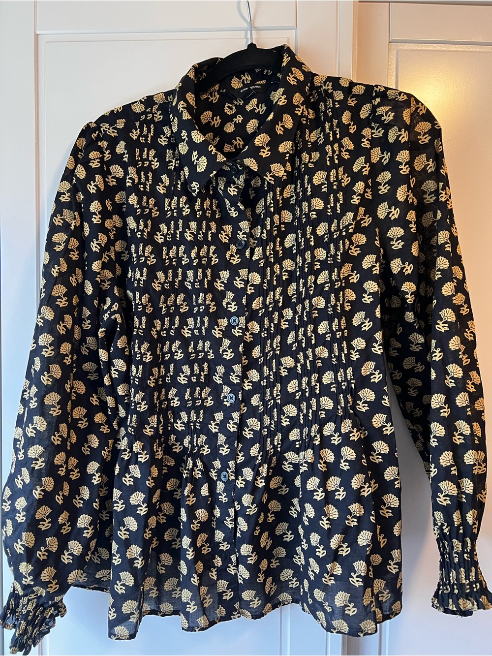 Banana Republic Black Blouse with Gold Floral Print and Pintuck Detail